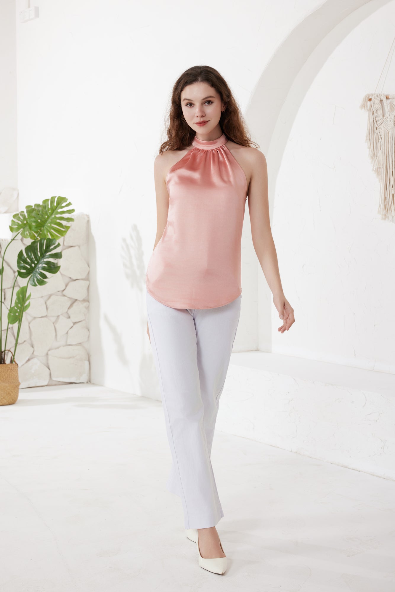 Rose Pink Solid Satin Mock Neck Top(5pcs,$27 ea)