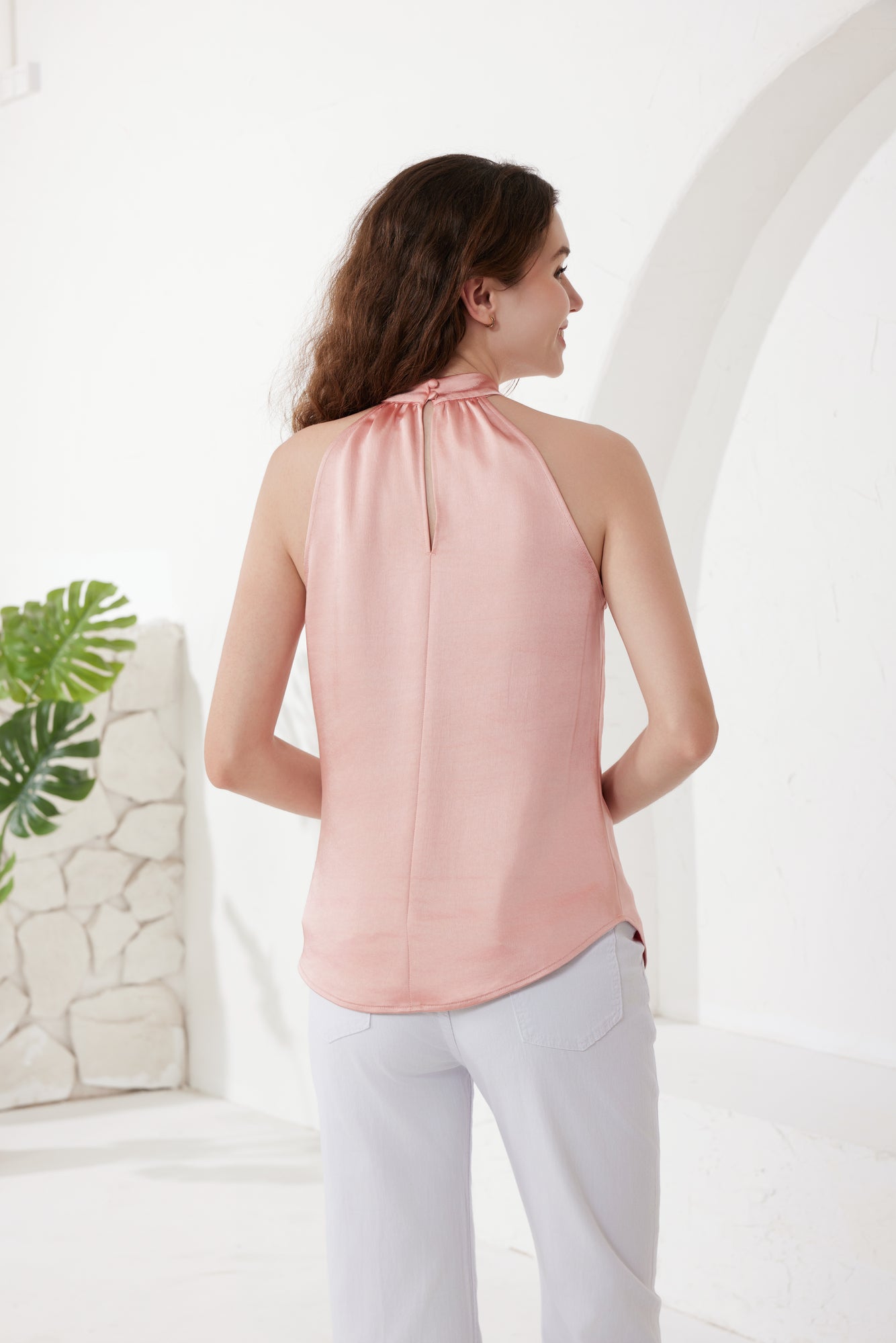 Rose Pink Solid Satin Mock Neck Top(5pcs,$27 ea)