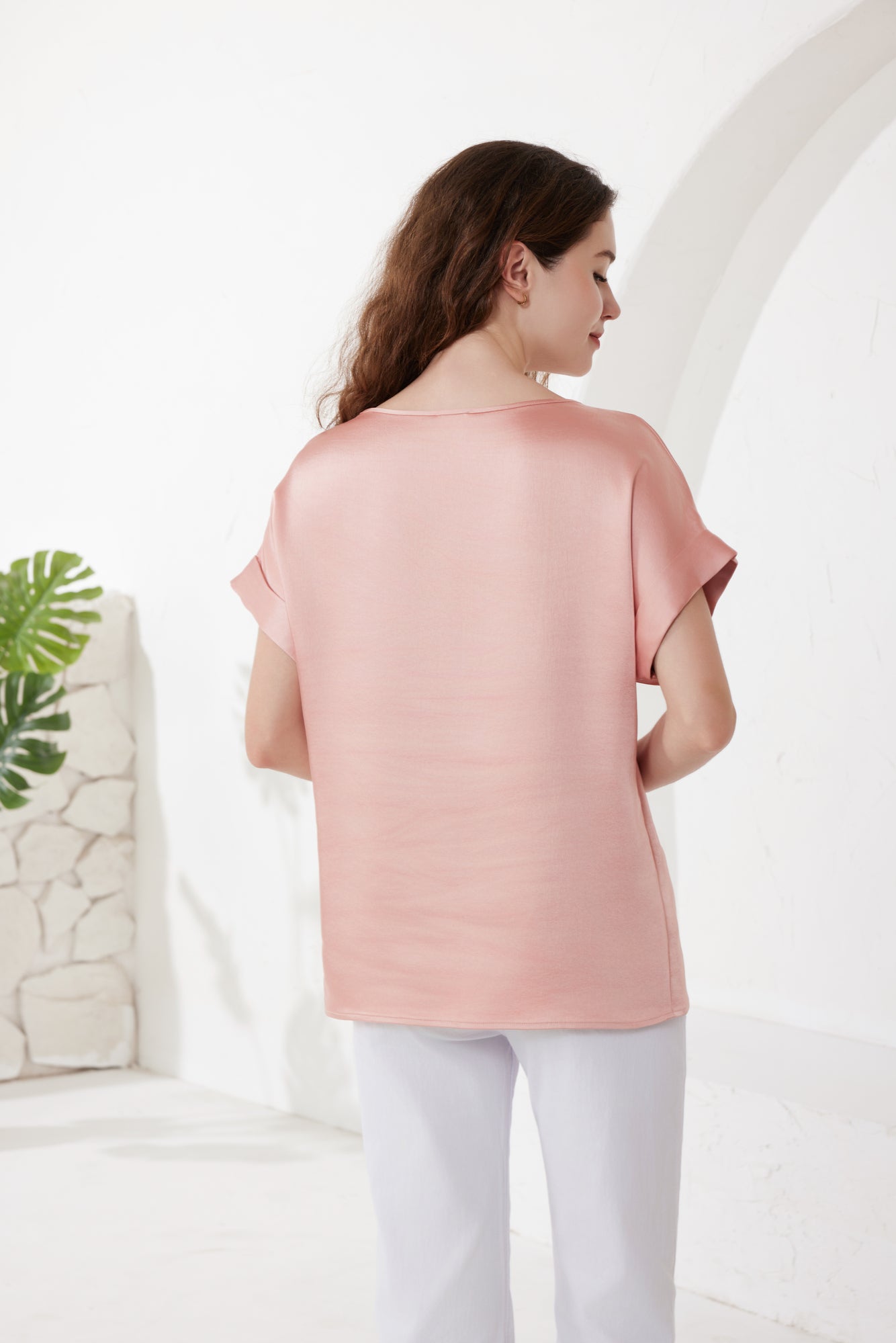 Rose Pink Satin Top With Round Neck And Cap Sleeves 5pcs,$28 ea)