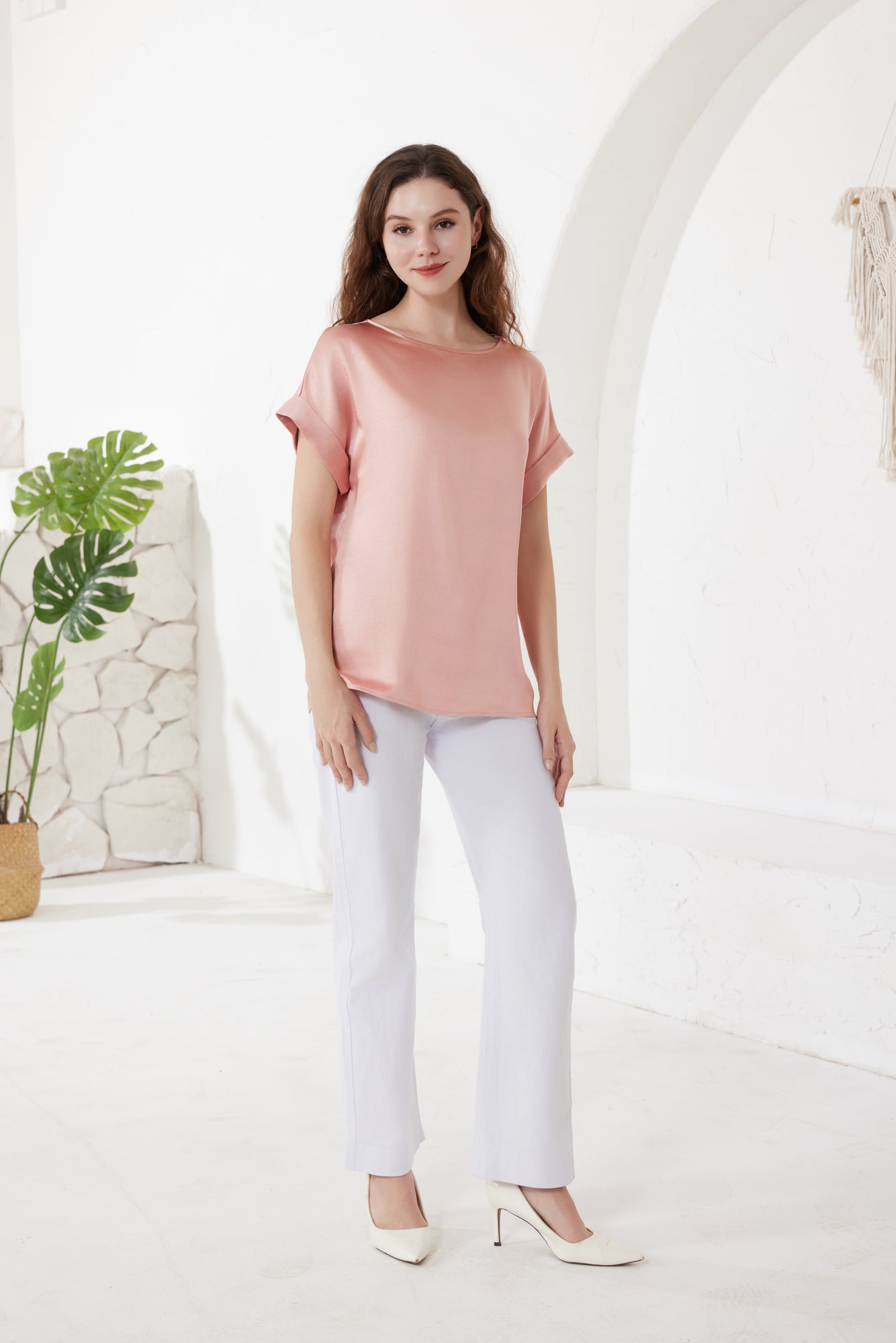 Rose Pink Satin Top With Round Neck And Cap Sleeves 5pcs,$28 ea)
