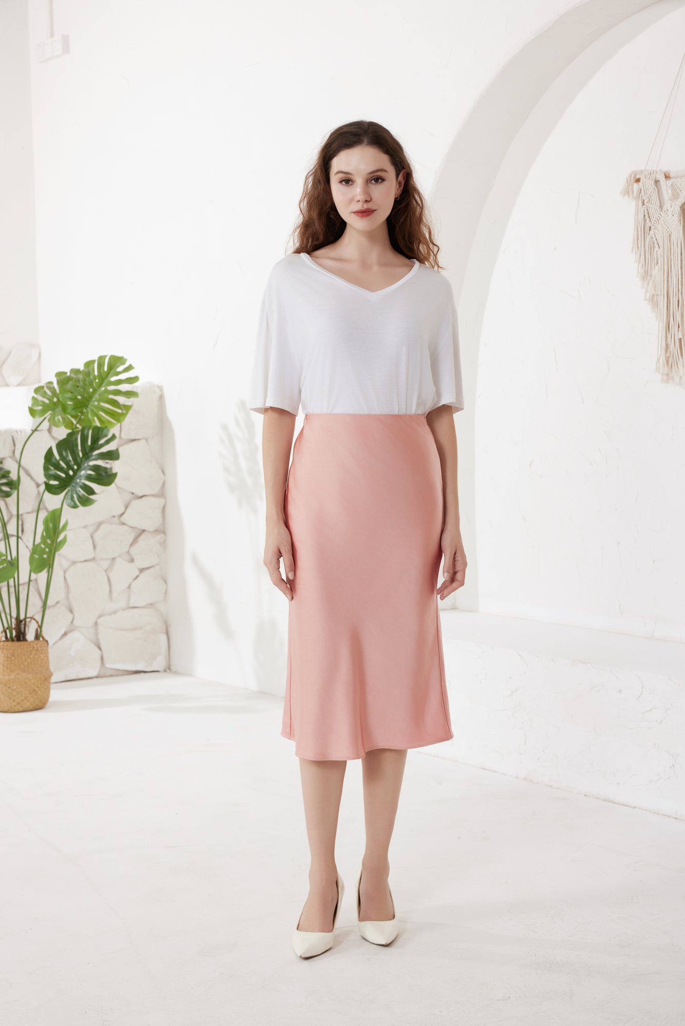 Rose Pink Slip Satin Midi Skirt(5pcs,$28 ea)