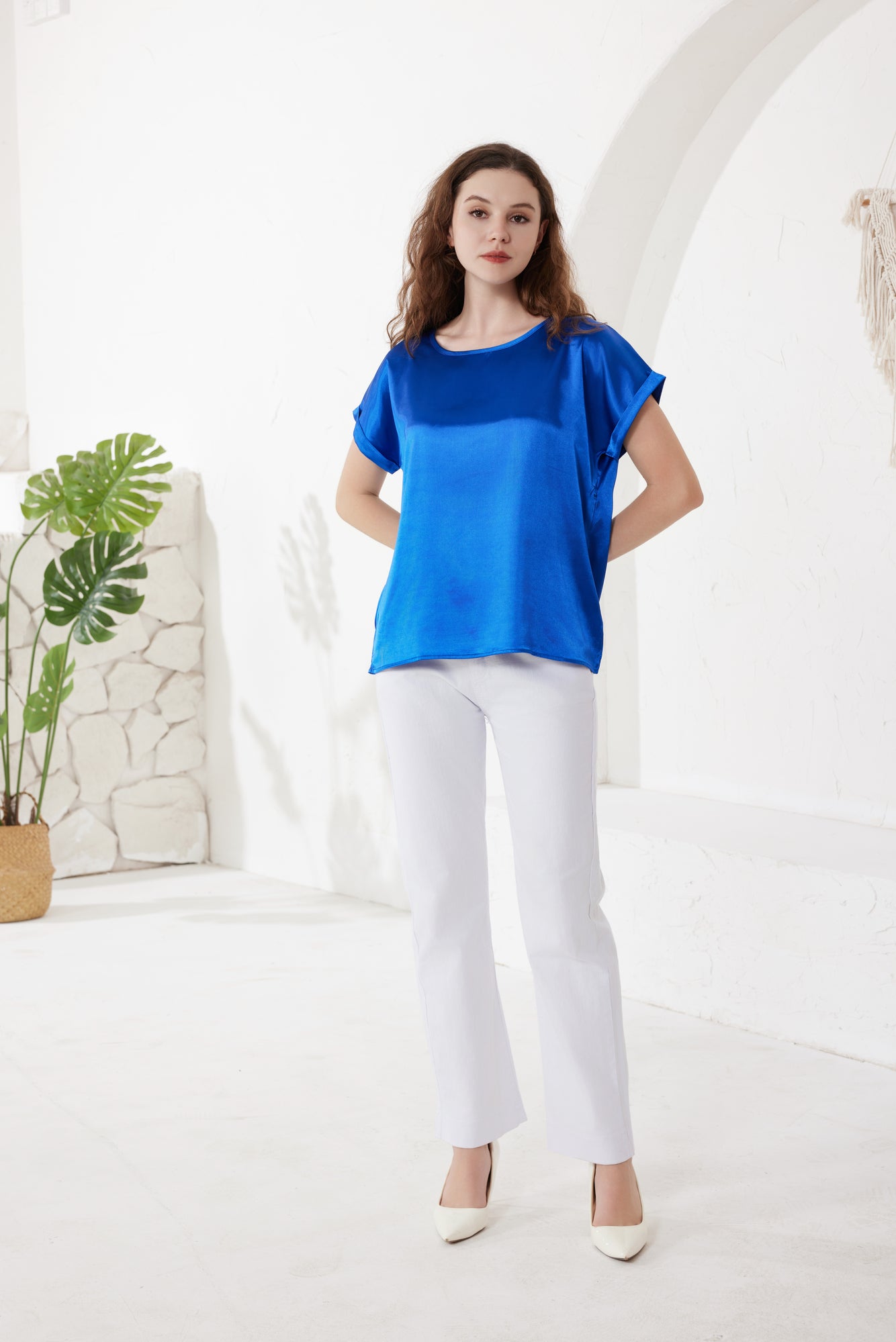 Sapphire Satin Top With Round Neck And Cap Sleeves(5pcs,$28 ea)
