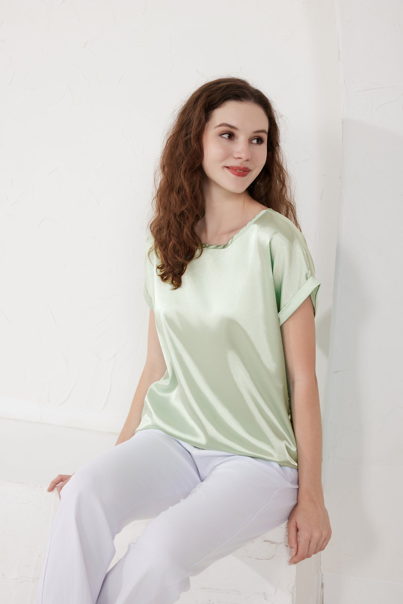 Sage Satin Top With Round Neck And Cap Sleeves(5pcs,$28 ea)
