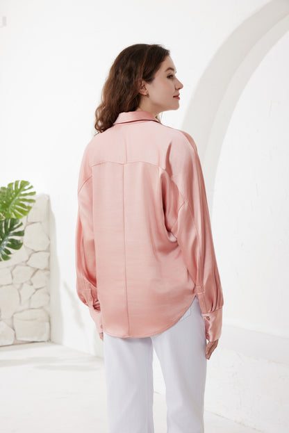 Rose Pink Satin Silk Shirt（5pcs,$33 ea)