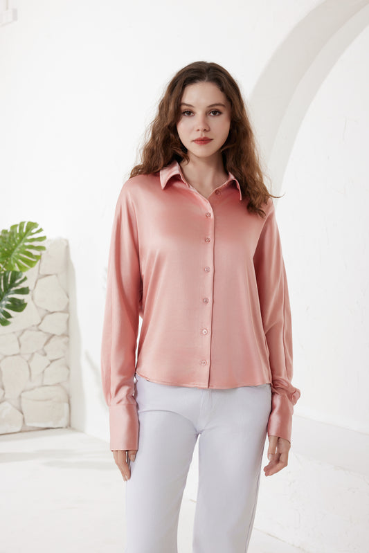 Rose Pink Satin Silk Shirt（5pcs,$33 ea)
