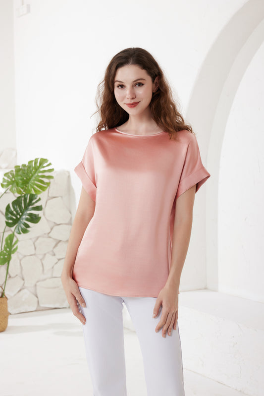 Rose Pink Satin Top With Round Neck And Cap Sleeves 5pcs,$28 ea)