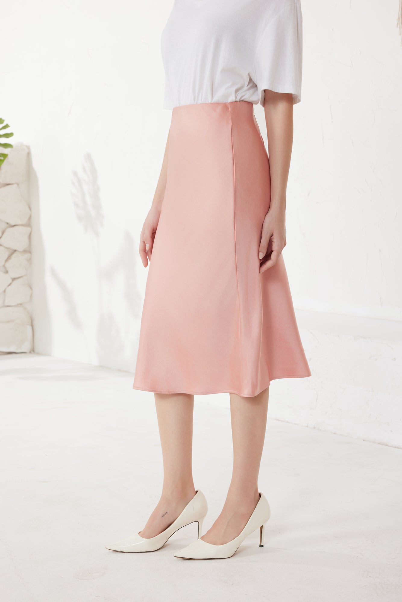 Rose Pink Slip Satin Midi Skirt（5pcs,$28 ea)