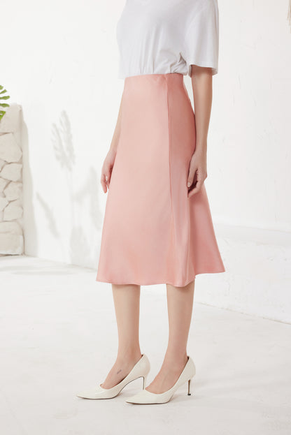Rose Pink Slip Satin Midi Skirt（5pcs,$28 ea)