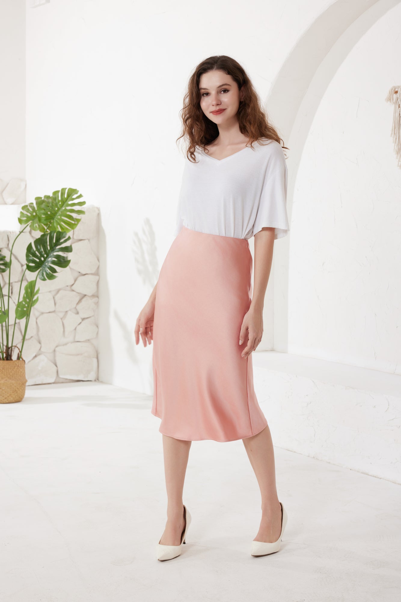 Rose Pink Slip Satin Midi Skirt（5pcs,$28 ea)
