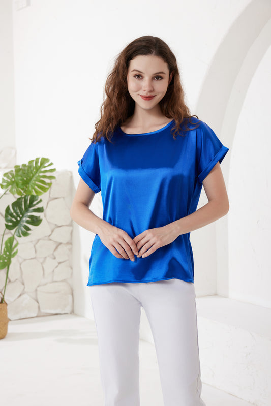 Sapphire Satin Top With Round Neck And Cap Sleeves（5pcs,$28 ea)