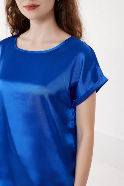 Sapphire Satin Top With Round Neck And Cap Sleeves（5pcs,$28 ea)