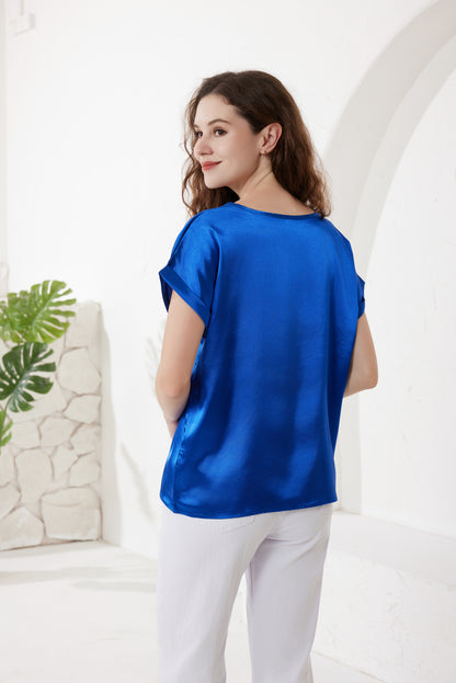 Sapphire Satin Top With Round Neck And Cap Sleeves（5pcs,$28 ea)