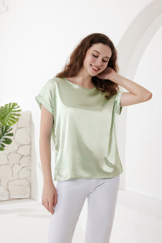 Sage Satin Top With Round Neck And Cap Sleeves（5pcs,$28 ea)