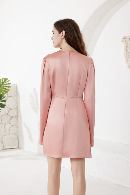 Rose Pink Satin Puff Sleeve Midi Dress（5pcs,$37 ea)