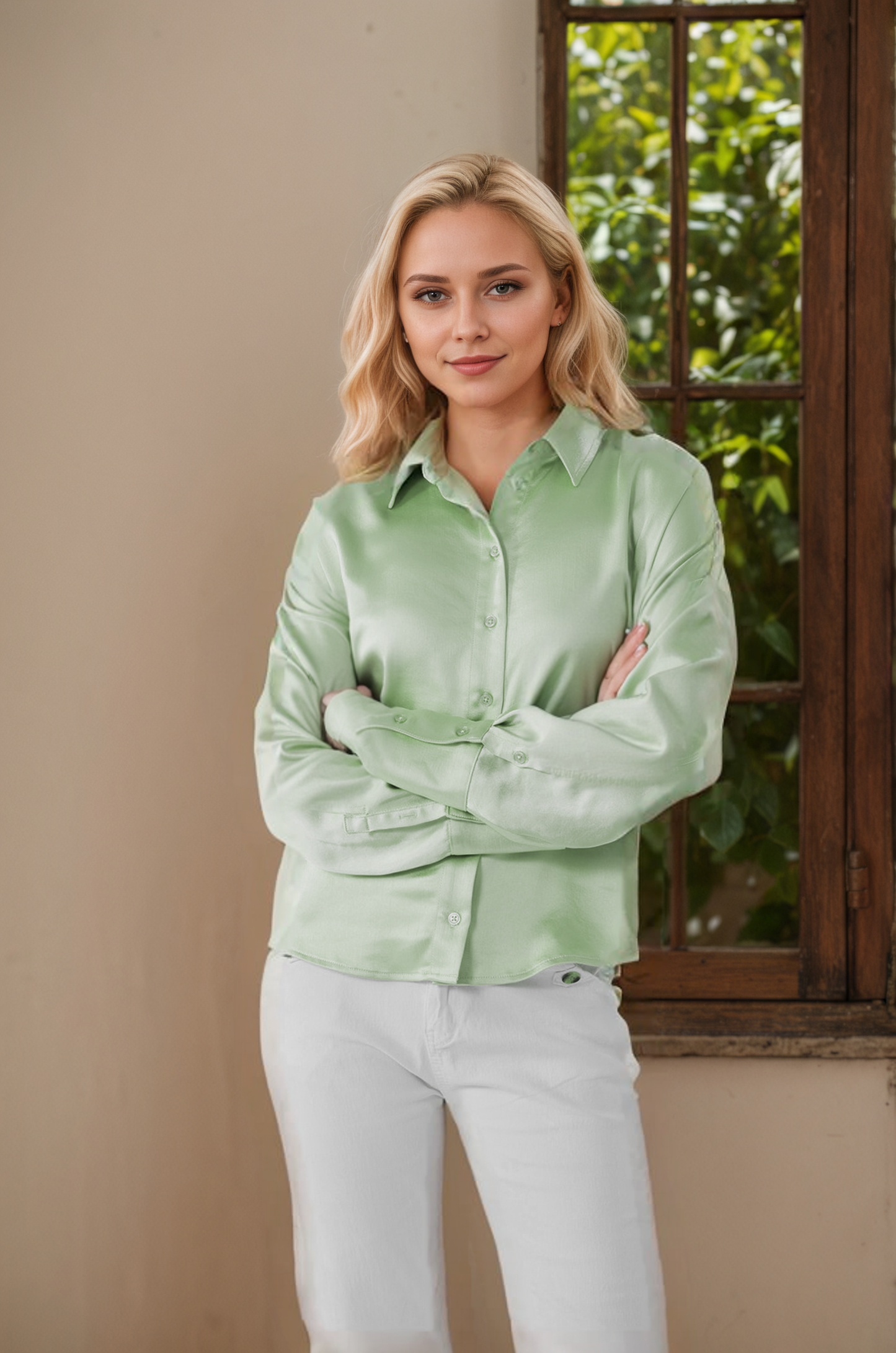 Sage Satin Silk Shirt（5pcs,$33 ea)